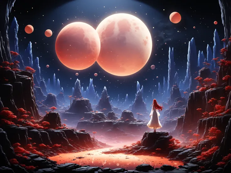 1 woman, golden eyes, red hair, long hair, white dress, elaborate dress, elaborate pattern, long sleeves, transparent sleeves, moon goddess, standing on a rocky outcrop, cliff, at night, one hand stretched out to the sky, back view, turned away from the vi...