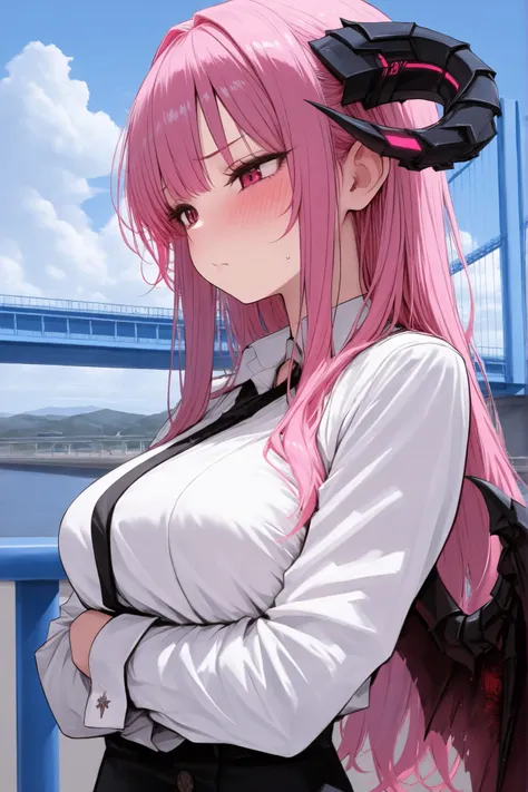 devil, girl,큰chest, blush, charisma, cool iron 함, long hair,pink hair, blue bridge ,horn,wings, charisma, cool iron 함, long hair,chest, cool iron ,high resolution,masterpiece,top quality, Boltuch,