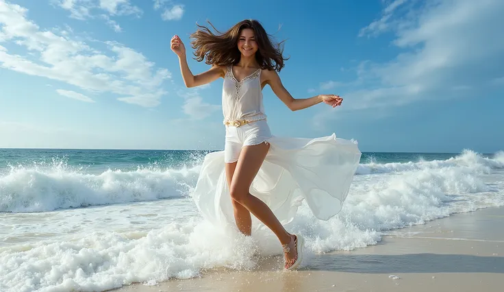 a beautiful young woman , long brown hair,A woman with wind-tousled hair dances joyfully along the shoreline, her laughter carried away by the sea breeze. The crashing waves and the sprawling sky, dotted with wispy clouds, provide a dynamic and uplifting b...