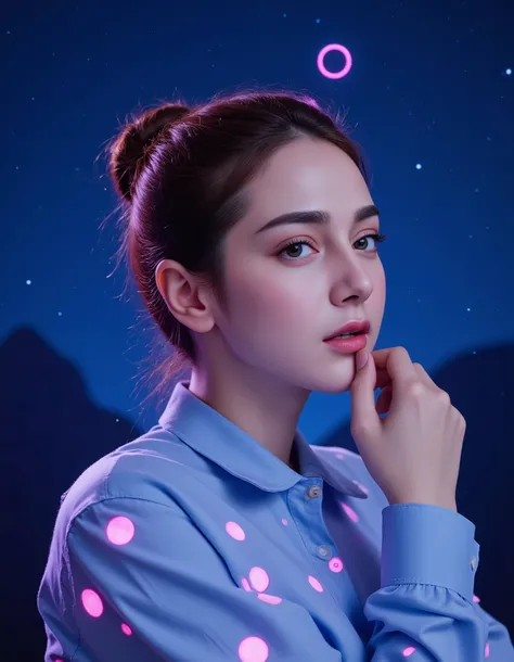 (8K, RAW Photos, Highest quality、masterpiece:1.2), (Realistic、Realistic:1.37), Very detailed, High resolution, Conceptual art, digital, a glowing neon-colored circle, The head of a woman wearing a blue draped blouse with her tied bun hair up with ornate is...