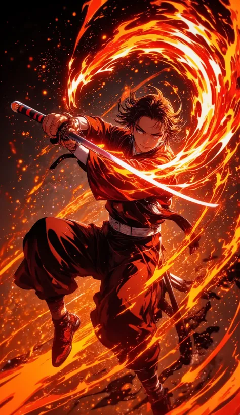 Tanjiro’s Sun Breathing: Hinokami Kagura"**  
*Anime-style action shot of Tanjiro in mid-air, performing Sun Breathing’s "Dance of the Fire God." His blade erupts in swirling crimson flames, illuminating his determined face as embers scatter. The backgroun...