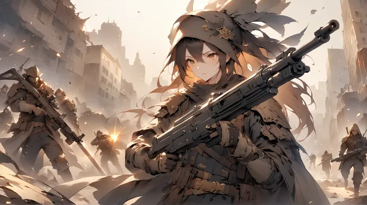 fantasy around the eyes。Hero with Sword。enemy。Cooperate with peers。city。fight。Focus on the face。wasteland。war。gun. Gold