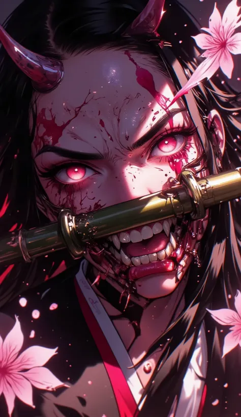 Nezuko’s Rage Transformation"**  
*Extreme close-up of Nezuko’s demon form, her pink eyes burning with fury as veins pulse across her face. Her bamboo muzzle shatters in slow motion, and her fangs gleam under moonlight. The background swirls with dark mist...