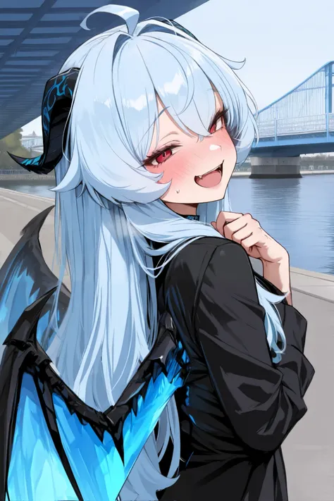 devil, girl,큰chest, blush, charisma, long hair, light blue hair, blue bridge ,horn,wings, charisma, long hair,chest, cool iron ,high resolution,masterpiece,top quality, Boltuch,Maturity,Glamorous, with a gentle smile, 큰chest