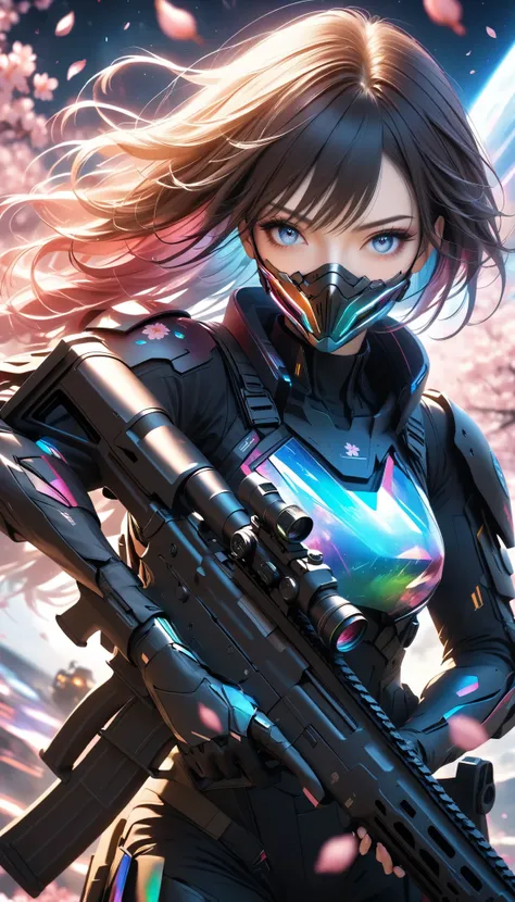 sci-fi, highest resolution, dynamic composition of the space war,
a female cyborg, solo, sakura shoot with a wrapped assault rifle, protective armor with a sakura motif,
holographic sakura background , transparent and colorful, iridescent cherry blossoms...