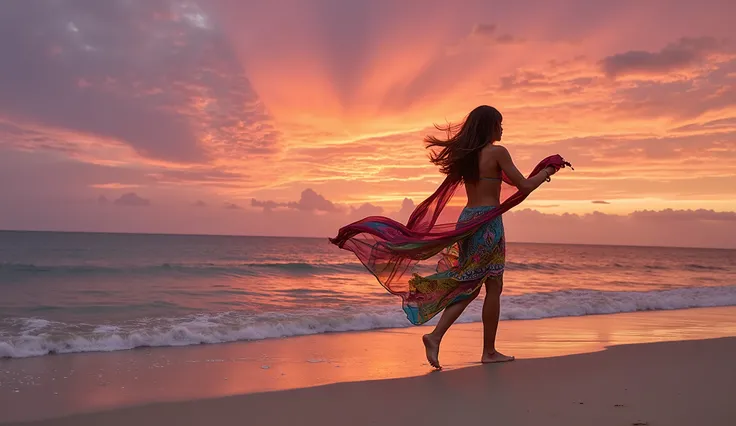 a beautiful young woman , long brown hair,A woman with a bohemian flair wanders along the beach at sunset, her colorful scarf billowing behind her. The sky transforms into a canvas of fiery reds and purples, while the rhythmic waves echo her free-spirited ...