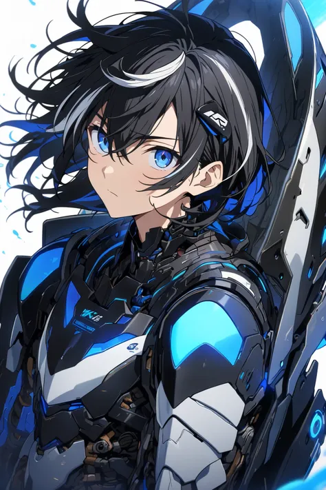[(WHITE BACKGROUND:1.5),::5], ((masterpiece)), high quality, ultra very high resolution, full color, ((solo)), ((younger boy)), Black armor, Cyborg boy,  (ORCA armor), (ORCA Black mechanical head gear), ((men's BlueBlack hair)), (White streaked hair), (BLU...