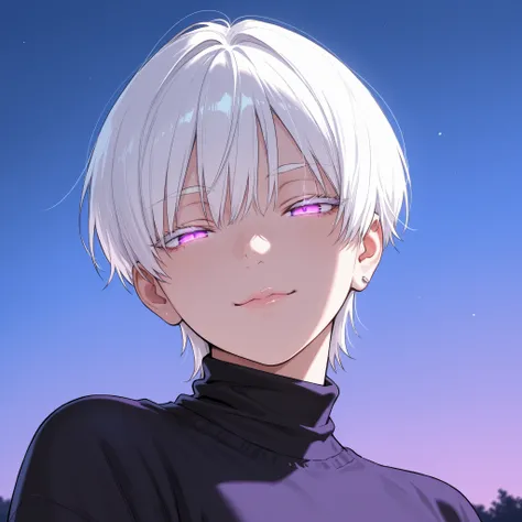1 girl, tomboy, beautiful face, short hair, straight hair, white hair, glowing purple eyes, half open eyes, seductive eyes, slight smile, small earrings, plump luscious lips, very bright skin, white eyelashes, thin eyebrows, white eyebrows, turtle neck, bl...