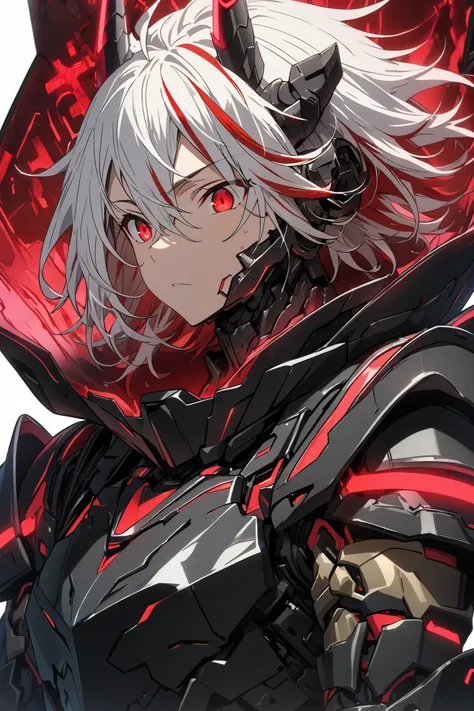 [(WHITE BACKGROUND:1.5),::5], ((masterpiece)), high quality, ultra very high resolution, full color, ((solo)), ((boy)), Black armor, Cyborg boy,  (ONI armor), ((ONI mechanical horn)), ((men's White hair)), (Red streaked hair), (Red eyes), anime, (upper bod...