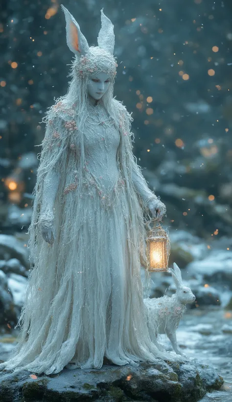 4. Rabbit God – The Moon-Alchemist**
*A **porcelain-skinned goddess** in a **robe of spun moonbeams** hops lightly across a **bridge of frozen lotus flowers**. Her **elixir gourd** sloshes with liquid starlight, and her **muted snow-hare companion** glow...