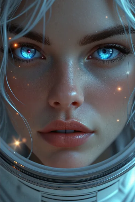 (Close-up of a better masterpiece:1.5)0.9], (Space and astronauts:1.2) (Messy silver hair:1.1) (Heterochromia xanthochromia and blue eyes:1.2) (Space Helmet:1.0) (Colored stars in the eyes:1.0) (A radiant glow:1.1) (thick lips:0.9)