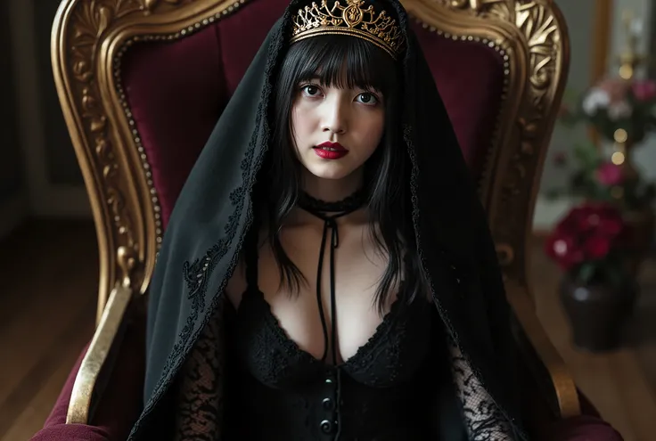 (((The Dark Throne in the Dark Castle:2.0))),((A dark room with no lights at all:2.0)),(((Dark horror atmosphere with a gothic feel:2.0))),(((A long embroidered cloak with an open front on a:2.0))),Sitting posture,((black high heels:2.0)),One female ghost,...