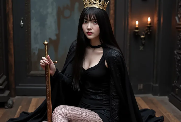 (((The Dark Throne in the Dark Castle:2.0))),((A dark room with no lights at all:2.0)),(((Dark horror atmosphere with a gothic feel:2.0))),(((A long embroidered cloak with an open front on a:2.0))),Sitting posture,((black high heels:2.0)),One female ghost,...