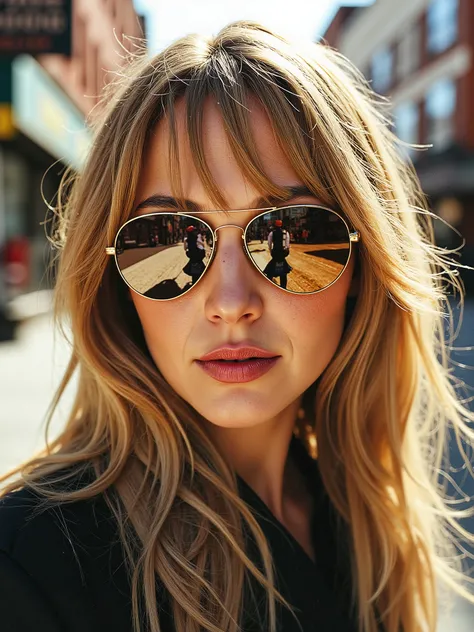 A dinkfsn style ink wash painting, closeup portrait of stunning woman, long loose blonde hair, bangs, mirrored aviator sunglasses reflecting a city street