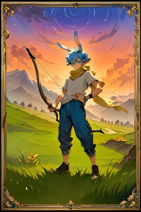 塔罗牌,类似扑克牌K,In the center of the picture is a boy with rabbit ears. A ten-year-old boy, rabbit elf race, all blue, sky blue rabbit ears, sky blue hair, standing on the grassland, holding a bow and arrow, posing for archery, jungle archer, gorgeous and detai...