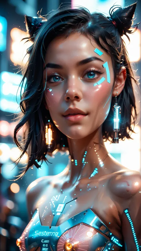 A stunningly beautiful and irresistibly sexy woman with a futuristic aesthetic. black hair. beautiful face and eyes. She wears high-tech leggins made of metallic and holographic materials, accentuating her perfect curves. cute face. Topless. Small breasts....