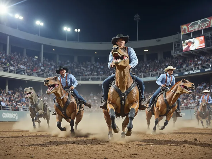 A wildly imaginative, photorealistic image of a rodeo arena packed with cheering spectators under bright stadium lights—but instead of bulls, the cowboys are riding snarling, muscular velociraptors.

Each cowboy grips tightly to the reins as the raptors bu...