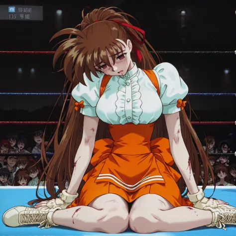 takeuchi yuka, hair ribbon, fingerless gloves, underbust, frilled shirt, orange skirt, (upper body:1.4), 1girl, wariza, sitting, empty eyes, exhausted, arms at sides, (dark background:0.6), head tilt, narrow waist, hurt, wound, disheveled, dark expression,...