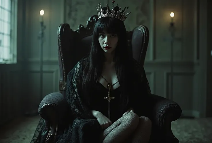(((The Dark Throne in the Dark Castle:2.0))),((A dark room with no lights at all:2.0)),(((Dark horror atmosphere with a gothic feel:2.0))),(((A long embroidered cloak with an open front on a:2.0))),Sitting posture,((black high heels:2.0)),One female ghost,...