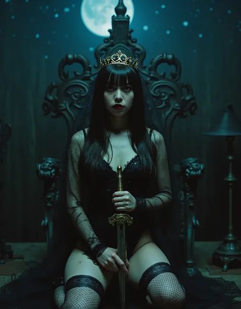(((The Dark Throne in the Dark Castle:2.0))),((Night sky with constellations:2.0)),(((Dark horror atmosphere with a gothic feel:2.0))),(((pray holding up a shining copper sword:2.0))),sit with open knees,((seiza:2.0)),One female ghost,((super cute face:2.0...