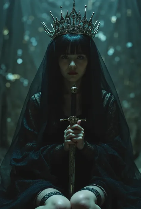 (((The Dark Throne in the Dark Castle:2.0))),((Night sky with constellations:2.0)),(((Dark horror atmosphere with a gothic feel:2.0))),(((pray holding up a shining copper sword:2.0))),sit with open knees,((seiza:2.0)),One female ghost,((super cute face:2.0...