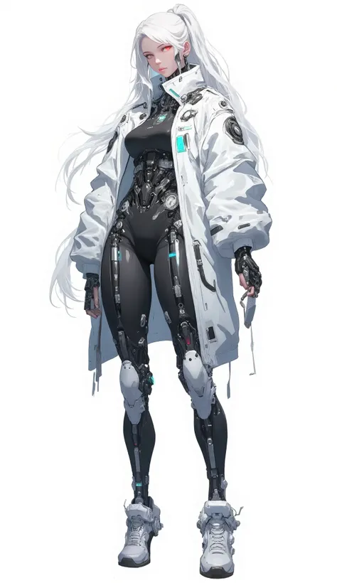 AI woman with cybernetic body black mechanics and darkgray plastic parts, jacket, very tall, with thick thighs, wide hips, long legs, high heel, and a slender waist. Dark red glowing eyes, long flowing white hair In a high ponytail . Alluring, looking dire...