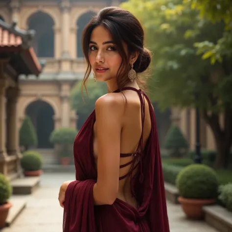 a detailed image of a South Asian woman in a modern, maroon-colored saree. The woman should have long, straight hair tied into a low bun, with a few loose strands framing her face. She should have a calm and composed expression, with a slight smile, and he...