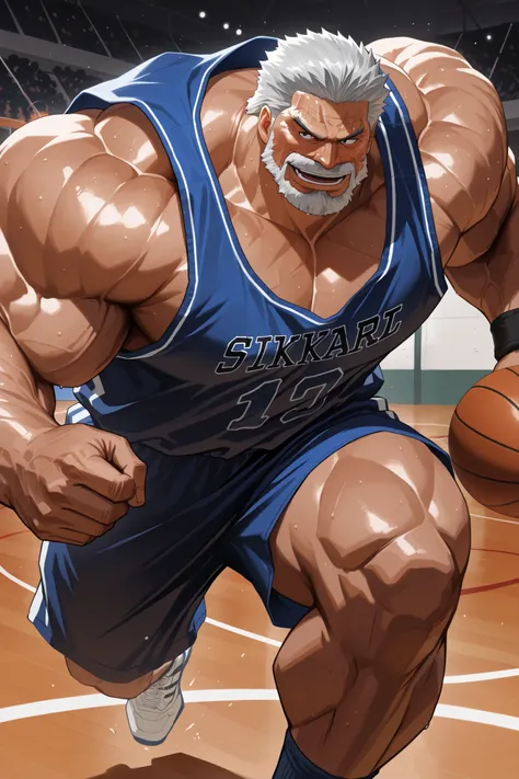 solo, huge muscular old man, garp, white_Garp_old facial hair, grey_Garp_short hair, black_Garp_scar on face, black_Garp_eyes, happy, side chest, Stand slightly sideways, side angel, shirtless, very huge pectoral, shorts, basketball, running, playing baske...