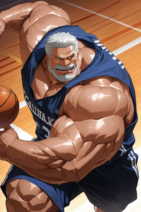 solo, huge muscular old man, garp, white_Garp_old facial hair, grey_Garp_short hair, black_Garp_scar on face, black_Garp_eyes, happy, side chest, Stand slightly sideways, side angel, shirtless, very huge pectoral, shorts, basketball, running, playing baske...