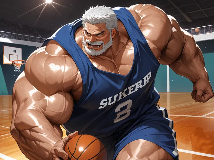 solo, huge muscular old man, garp, white_Garp_old facial hair, grey_Garp_short hair, black_Garp_scar on face, black_Garp_eyes, happy, side chest, Stand slightly sideways, side angel, shirtless, very huge pectoral, shorts, basketball, running, playing baske...