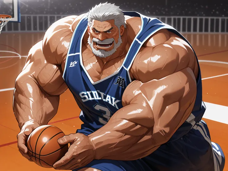 solo, huge muscular old man, garp, white_Garp_old facial hair, grey_Garp_short hair, black_Garp_scar on face, black_Garp_eyes, happy, side chest, Stand slightly sideways, side angel, shirtless, very huge pectoral, shorts, basketball, running, playing baske...