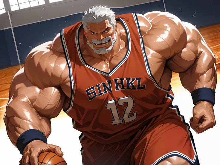solo, huge muscular old man, garp, white_Garp_old facial hair, grey_Garp_short hair, black_Garp_scar on face, black_Garp_eyes, happy, side chest, Stand slightly sideways, side angel, shirtless, very huge pectoral, shorts, basketball, running, playing baske...