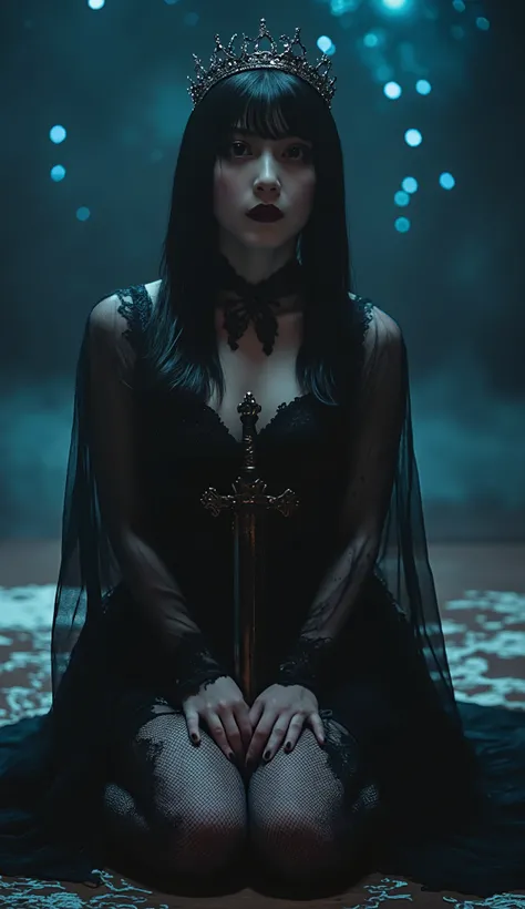 (((The Dark Throne in the Dark Castle:2.0))),((Night sky with constellations:2.0)),(((Dark horror atmosphere with a gothic feel:2.0))),(((Hold a large, shiny copper sword above your head:2.0))),sit with open knees,((seiza:2.0)),looks up at the night sky,On...