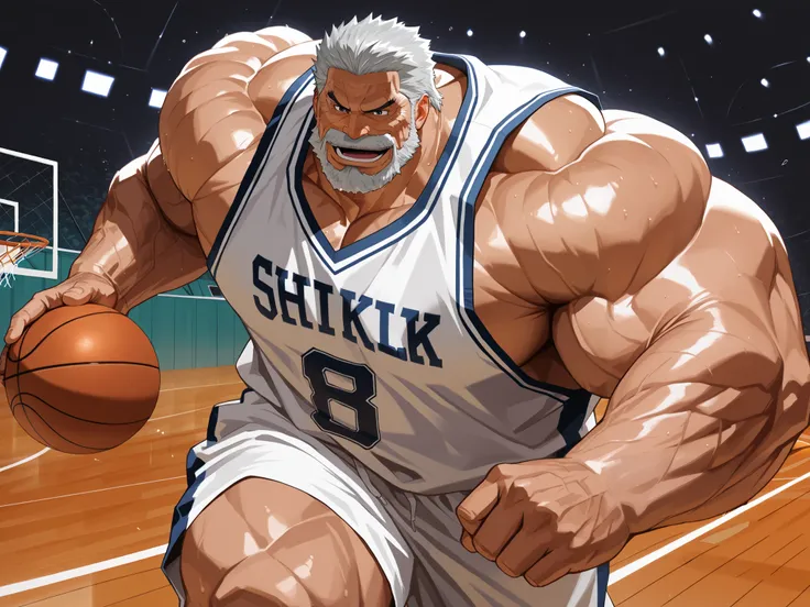 solo, huge muscular old man, garp, white_Garp_old facial hair, grey_Garp_short hair, black_Garp_scar on face, black_Garp_eyes, happy, side chest, Stand slightly sideways, side angel, shirtless, very huge pectoral, shorts, basketball, running, playing baske...