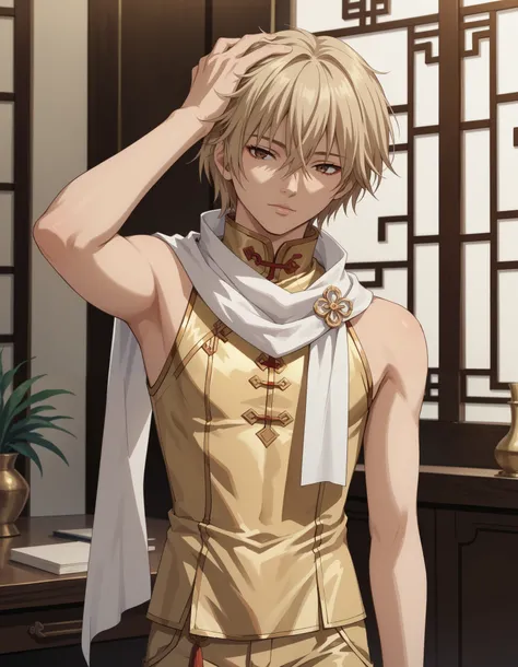 score_9, score_8_up, score_7_up, source_anime, 1boy, slim, bishounen, hand in head, male focus, solo, sensisono, light blonde hair, brown eyes, hair between eyes, short hair, white scarf, bangs, chinese clothes, turtleneck, shirt, intricate clothing, fanta...