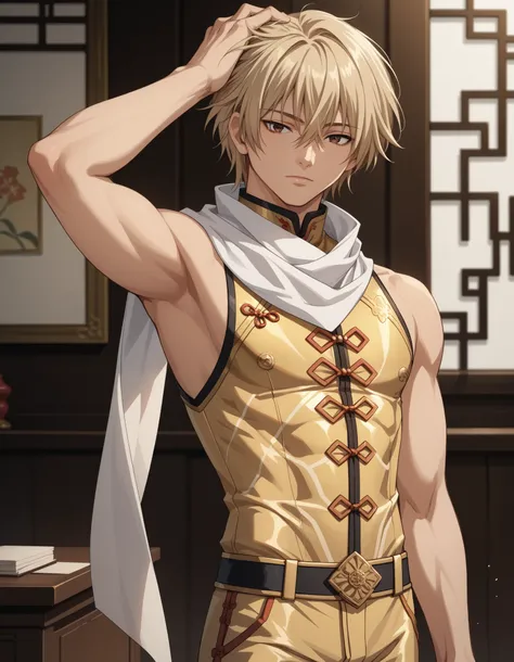 score_9, score_8_up, score_7_up, source_anime, 1boy, slim, bishounen, hand in head, male focus, solo, sensisono, light blonde hair, brown eyes, hair between eyes, short hair, white scarf, bangs, chinese clothes, turtleneck, shirt, intricate clothing, fanta...