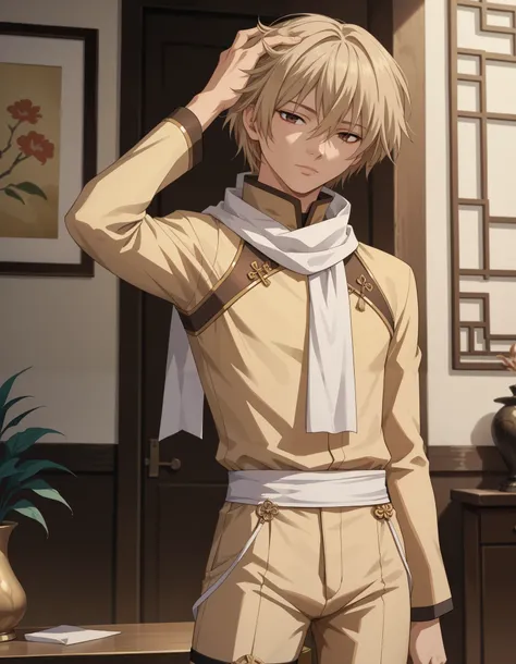 score_9, score_8_up, score_7_up, source_anime, 1boy, slim, bishounen, hand in head, male focus, solo, sensisono, light blonde hair, brown eyes, hair between eyes, short hair, white scarf, bangs, chinese clothes, turtleneck, shirt, intricate clothing, fanta...