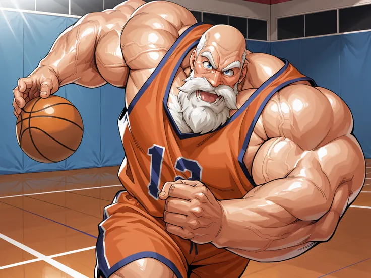 solo, huge muscular old man, happy, side chest, Stand slightly sideways, side angel, shirtless, very huge pectoral, shorts, basketball, running, playing basketball, dribble ball,, jersey, short hair, basketball fields, playing basketball, detailed face:1.3...