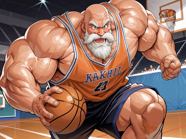 solo, huge muscular old man, happy, side chest, Stand slightly sideways, side angel, shirtless, very huge pectoral, shorts, basketball, running, playing basketball, dribble ball,, jersey, short hair, basketball fields, playing basketball, detailed face:1.3...