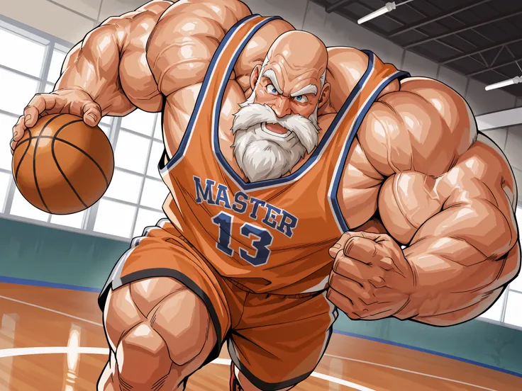 solo, huge muscular old man, master roshi, happy, side chest, Stand slightly sideways, side angel, shirtless, very huge pectoral, shorts, basketball, running, playing basketball, dribble ball,, jersey, basketball fields, playing basketball, detailed face:1...