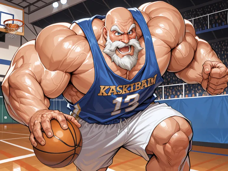 solo, huge muscular old man, happy, side chest, Stand slightly sideways, side angel, shirtless, very huge pectoral, shorts, basketball, running, playing basketball, dribble ball,, jersey, short hair, basketball fields, playing basketball, detailed face:1.3...