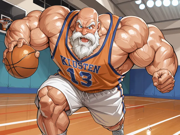 solo, huge muscular old man, master roshi, happy, side chest, Stand slightly sideways, side angel, shirtless, very huge pectoral, shorts, basketball, running, playing basketball, dribble ball,, jersey, basketball fields, playing basketball, detailed face:1...