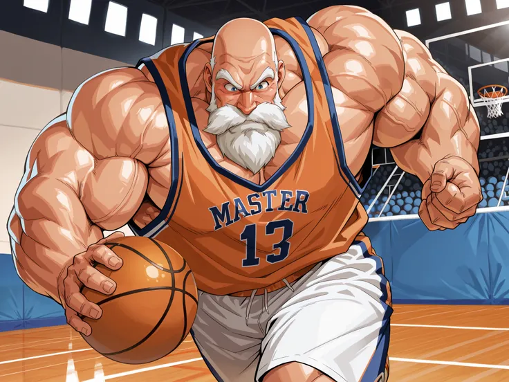 solo, huge muscular old man, master roshi, happy, side chest, Stand slightly sideways, side angel, shirtless, very huge pectoral, shorts, basketball, running, playing basketball, dribble ball,, jersey, basketball fields, playing basketball, detailed face:1...