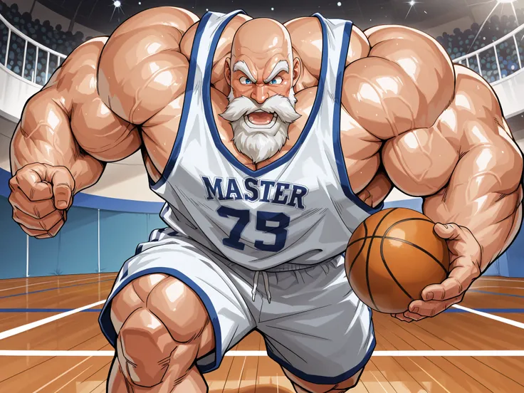 solo, huge muscular old man, master roshi, happy, side chest, Stand slightly sideways, side angel, shirtless, very huge pectoral, shorts, basketball, running, playing basketball, dribble ball,, jersey, basketball fields, playing basketball, detailed face:1...