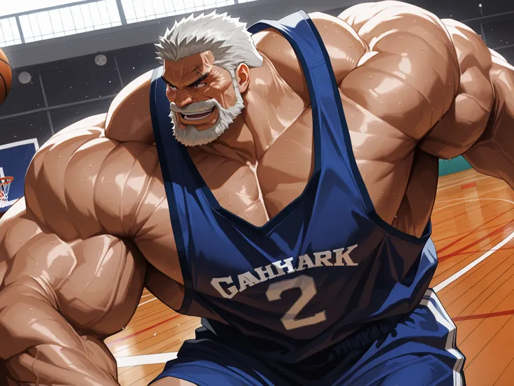 solo, huge muscular old man, garp, white_Garp_old facial hair, grey_Garp_short hair, black_Garp_scar on face, black_Garp_eyes, happy, side chest, Stand slightly sideways, side angel, shirtless, very huge pectoral, shorts, basketball, running, playing baske...