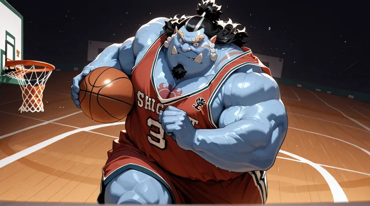solo, chubby jinbe, chest tattoo, happy, side chest, Stand slightly sideways, side angel, shirtless, very huge pectoral, shorts, basketball, jersey, basketball fields, running, playing basketball, dribble ball, detailed face:1.3, eyes, wide shoulder, thick...