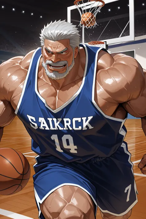 solo, huge muscular old man, garp, white_Garp_old facial hair, grey_Garp_short hair, black_Garp_scar on face, black_Garp_eyes, happy, side chest, Stand slightly sideways, side angel, shirtless, very huge pectoral, shorts, basketball, running, playing baske...