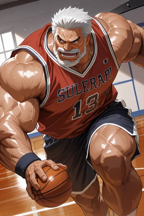 solo, huge muscular old man, garp, white_Garp_old facial hair, grey_Garp_short hair, black_Garp_scar on face, black_Garp_eyes, happy, side chest, Stand slightly sideways, side angel, shirtless, very huge pectoral, shorts, basketball, running, playing baske...