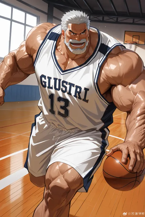 solo, huge muscular old man, garp, white_Garp_old facial hair, grey_Garp_short hair, black_Garp_scar on face, black_Garp_eyes, happy, side chest, Stand slightly sideways, side angel, shirtless, very huge pectoral, shorts, basketball, running, playing baske...