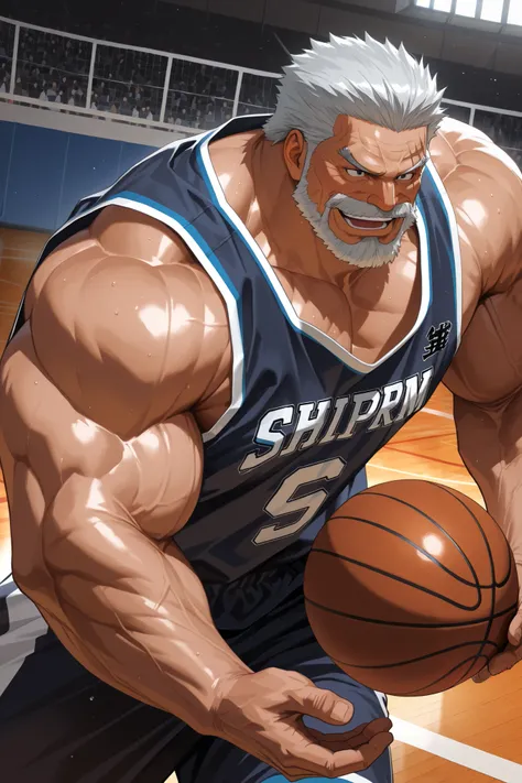 solo, huge muscular old man, garp, white_Garp_old facial hair, grey_Garp_short hair, black_Garp_scar on face, black_Garp_eyes, happy, side chest, Stand slightly sideways, side angel, shirtless, very huge pectoral, shorts, basketball, jersey, basketball fie...